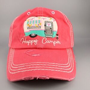 Happy Camper Hat Cap Distressed  Strap Back Pink Womens Hike Casual KB ETHOS